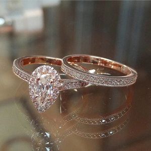 Conjunto de anel de diamante princesa ouro rosa 18k 2 peças para mulheres anillos mujer bizuteria joias femininas 18 k 240113