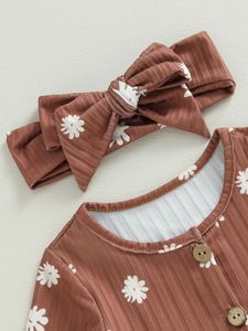 Kız Elbise Bebek Kız Kızlar Elbise Sonbahar Toddler Düğme Etekler Uzun Kollu Crewneck Çiçek Baskı Kıyafetleri Kafa Bandı ile Set