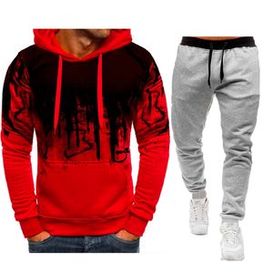 Outono e inverno novo masculino estampa de tinta salpicada casual moletom com capuz de manga comprida com capuz conjunto de camisa esportiva