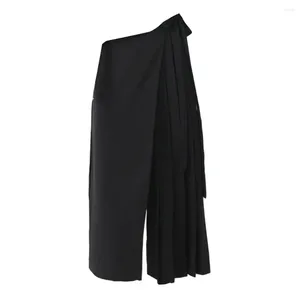 Damenhosen, weites Bein, schwarz, einfarbig, plissiert, weites Bein, Culottes für Damen, High-Street-Stil, unregelmäßige Länge bis zur Mitte der Wade