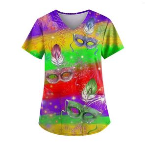 Damen-T-Shirts, Trend-T-Shirt mit Maskendruck, lässig, große Größe, V-Ausschnitt, Party-Uniform, modisches Muster, Pflege-Oberteile mit Taschen, 5XL