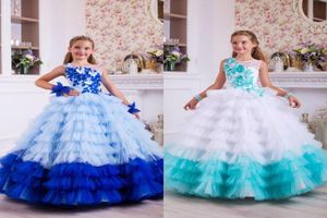 Luxury Royal Blue Lace Appliqued Flower Girl Dresses Vintage 3D Flowers Tiered Girl Formal Party Wedding Dresses5295073