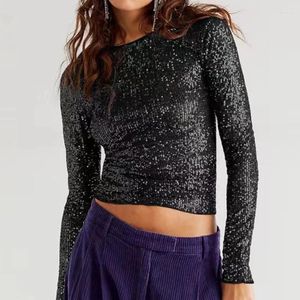 Kvinnors blusar chic modebesättning hals smala kvinnor vår eleganta glitter paljetter sharkly topp pullover höst långärmad festskjorta