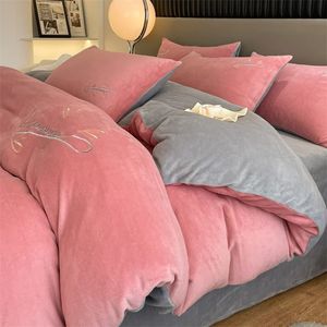 Wostar Winter warm warm Flanell Duvet Cover Samt Velvet Fleece Solid Stickpaar Luxus Doppelbett -Quilt -Deckungs -Bettwäsche Set 220x240 cm 240113