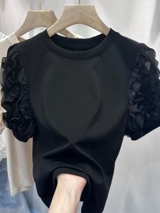 Kadın Tişörtleri Kısa kollu pamuklu tişört yaz Fransızca kabarcık çiçek kolları siyah rahat üstler büyük boy gömlek