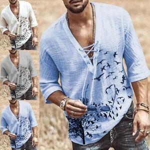 Men's T Shirts Simple Front Lace Up Middle Sleeve Tee Shirt Moisture-wicking Men Loose Casual T-shirt For Beach