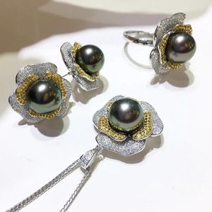 Halsketten Meibapj Echte Silber Sonne Blume Ohrringe Halskette Ring Feine Hochzeit Schmuck Sets für Frauen Natürliche Große Perle Anzug