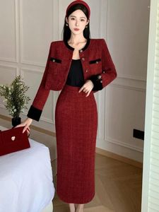 Women's Jackets Women Tweed Cadigan Jacket Pencil Midi Skirt 2024 Long Sleeve Single-breasted Small Fragrance Short Coat Two Piece Set