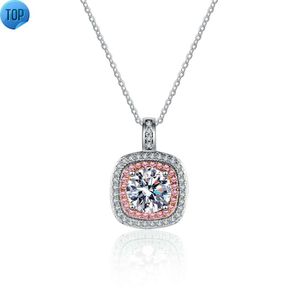 Luxus Damen 925 Silber Square Micro Pave Edge Moissanit-Halsketten mit rosa Damen-Halskette Großhandel Moissanit-Schmuck