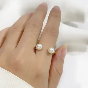 Pierścionki ślubne Minar teksturowane ze stali nierdzewnej 18K Złote PVD Plastowane podwójna sztuczna perła otwarte regulowane zespoły Pierścień palców dla kobiet prezenty