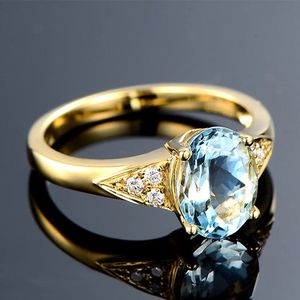 Şık Deniz Mavi Kristal Topaz Aquamarine değerli taşlar elmaslar kadınlar için halkalar 18k altın dolu mücevher bantları modaya uygun aksesuar 240113