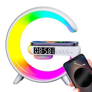 スピーカーワイヤレス充電ライトアップスピーカーG形状LEDワイヤレステーブルスピーカーの色の変化目覚まし時計充電器スタンドベッドサイドライト