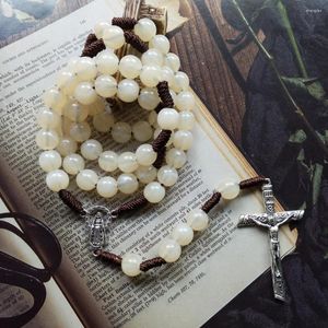 Pendanthalsband Cottvohandmade flätan Beige Pärlkedja Pray Chaplet Our Lady of Grace Virgin Mary Medal Crucifix Cross Rosary Necklace