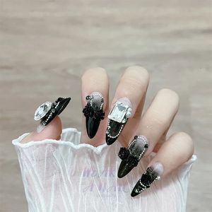 Luxury Handmade Reutilable Fake Nails Pressione no design de amêndoa Black Camellia Rhinestone Wearable Art for Girls 240113