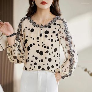 Blusas femininas chiffon polka dot camisa primavera/verão solto roupas de moda vintage mangas compridas estampas topos femininos ycmyunyan