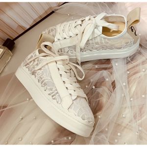 Lace embroidered single shoes for women's new hollow mesh breathable sandals, fashionable casual small white shoes with lace up thick soles