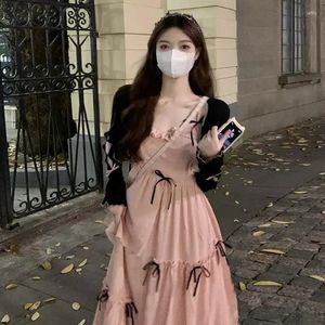 Casual Dresses Pink Bow Strap Dress For Women's Summer 2024 Design Sensation Small French Gentle First Love Kjol