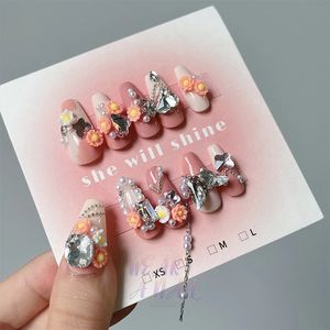 Handmade Luxury Long Press on Nails Orange Flower Customized Art Design Wearable Artifical Sticker Tip Full Cover 240113