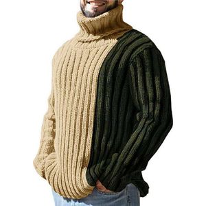 Men's Autumn And Winter New Patchwork Color Contrast Knitted Sweater, Fashionable Men's Long Sleeved High Neck Sweater