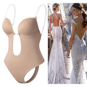 Invisível Shaper Sutiã Sexy Bodysuit Espartilho Backless Profundo Decote Em V U Plunge Thong Cintura Trainer Clear Strap Acolchoado Push Up Shapewear 240113