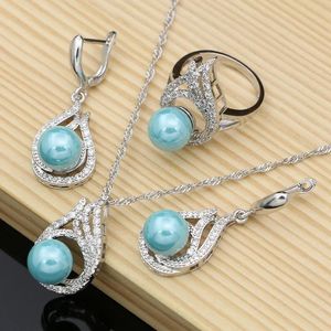 Necklaces Women Blue Pearl Bridal Jewelry Set Cz Stone Drop Earrings Ring Sier Necklace Set Dropshipping 2020 New Arrival