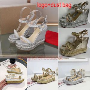 ROTE Plattform Sohle Frauen Schuhe Keile Böden Gold Stud High Heels Sandalen Nieten Dekor Knöchel Riemen Echtes Leder Sommer Schuh zapatos Mujer Slingback Casual Sheo