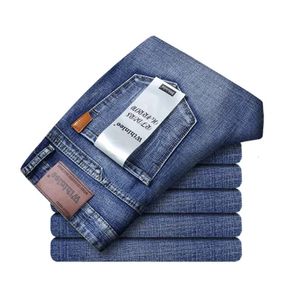 Primavera outono homens clássicos jeans negócios moda em linha reta regular azul estiramento denim calças dos homens inteligente 240113