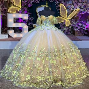 Желтое мексиканское бальное платье с открытыми плечами Quinceanera Dress 2024 Платье из тюля с пайетками и бисером Sweet 16 Vestidos De 15 Anos