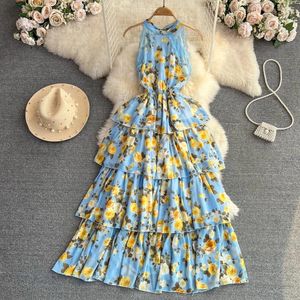 Sukienki swobodne retro kwiatowy druk kantarkowy bez rękawów elegancka sukienka A-line plażowa wakacje szyfonowe kobiety letnie vestidos