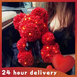 Christmas Valentine's Day Gifts 23cm Led Red Rose Teddy Bear Flower Artificial Decoration Birthday Valentines 240113