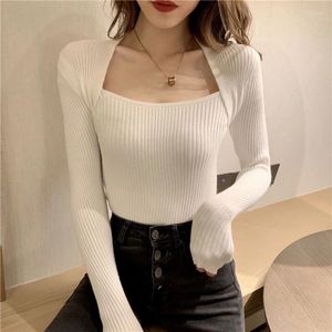 Koszule damskie jesienne zimowe kołnierz kwadratowy Kobiety Kobiety z długim rękawem Solid kolor Slim Fit Elegancki dzianin sweter Harajuku Casual Pullover Top