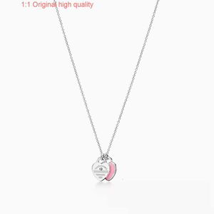 Tiffanyans S925 High Quality Popular Classic Double Heart Plate Pendant with Drip Glue and Diamond Plated Heart Tie Necklace