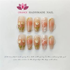 Handgjorda naglar Tryck på kistan Medium Längd Flower Design Manicuree Wearable Full Cover Artificial False Nail Tips Japanese Set 240113