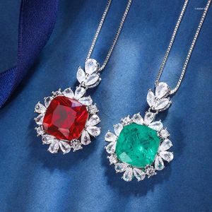 Pendant Necklaces EYIKA Luxury Square Lab Emerald Ruby Paved CZ Flower Necklace For Women Green Fusion Stone Brazil Wedding Jewelry
