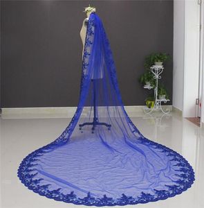 Imagem real 3 metros uma camada bling lantejoulas borda do laço azul véu de noiva colorido véu de casamento com comb5149839