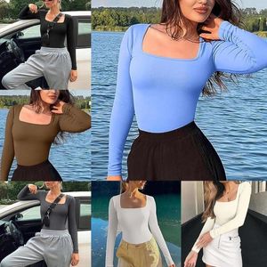 Women's T Shirts Womens Long Sleeve Square Neck Fit Top Solid Color Bodycon Workouot Running Sports Basic Short Pullover T-Shirt