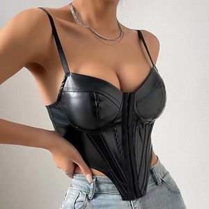 Canottiere da donna Estate Sexy Nero PU Pelle Crop Top Donna Lace Up Latex Backless Canotta Canotta Club Fashion Tank Y2K Bustier