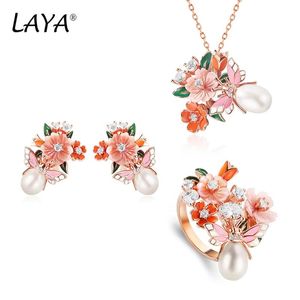 Ожерелья Laya Sterling Sier, блестящий циркон, натуральный жемчуг, ракушка, цветок, эмалированное кольцо ручной работы, ожерелье, серьги-капли, наборы для женщин