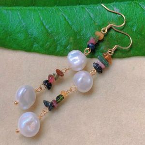 Dangle Earrings 10mm Natural Baroque White Pearl Tourmaline Gold Ear Hook Christmas Freshwater Women FOOL'S DAY Halloween Holiday Gifts Diy