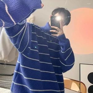 Men's Sweaters Knit Sweater Male Pullovers Clothing Blue Turtleneck High Collar Striped Loose Fit Warm Long Sleeve Street Elegant X