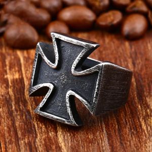 Retro Antique Black German Iron Cross Ring for Men Hip Hop Biker Rings 14K Black Gold Cross Fashion Amulet Jewelry Gifts