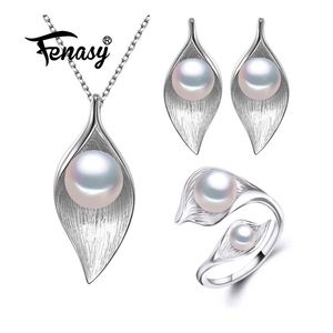 Collane Fenasy Sterling Sier Set di gioielli Orecchini a bottone con perle naturali Collana a catena con ciondolo bohémien personalizzato per set di anelli da donna