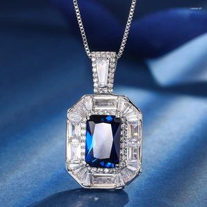 Pendant Necklaces EYIKA Luxury Rectangle Imitation Emerald Ruby Sapphire Stone Necklace Baguette Zircon Colar For Women Wedding Jewelry