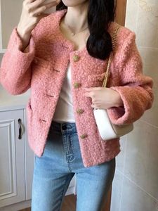 Kvinnors jackor Autumn Winter 2024 Short Jacket Coat Women Pink Coats Womens Korean Office Ladies Fluffy Warm Outerwear Woman