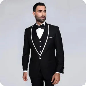 Abiti da uomo STEVDITG Elegante nero Set completo Scialle Risvolto Monopetto Lunghezza regolare Matrimonio Formale 3 pezzi Giacca Pantaloni Gilet