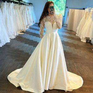 Gorgeous Wedding Dress for Bride Sheer Neck Long Sleeves Lace Beaded Illusion Tiered Satin Wedding Gowns for Marriage for Nigeria Black Women NW027