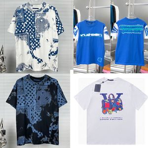 Primavera Verão Mens e Mulheres Designer de Manga Curta Azul Algodão Intarsia Crewneck Sports Tee Moda Casal Homens de Manga Curta T-shirt Homem Tees