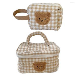 Makeup Brushes Cartoon Bear Make Up Bag Cute Plaid Toiletry Portable Large-capacity Quilted Multi-function Zipper For Weekend Vacation