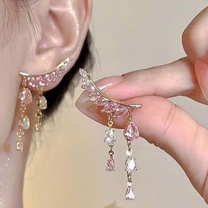 Brincos pendurados penas de cristal cintilante para mulheres romântico rosa zircão flor longa borla doce acessórios de orelha joias de moda