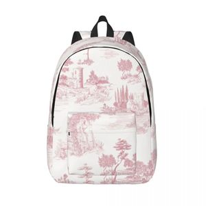 Bolsas Vintage Toile De Jouy Mochila De lona De viaje para hombres y mujeres, mochila para ordenador portátil escolar, mochila para estudiantes universitarios color rosa y blanco